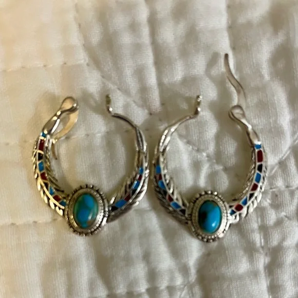 Silver and Turquoise and coral Hoop Earrings-marked 925- lightweight - Picture 1 of 5